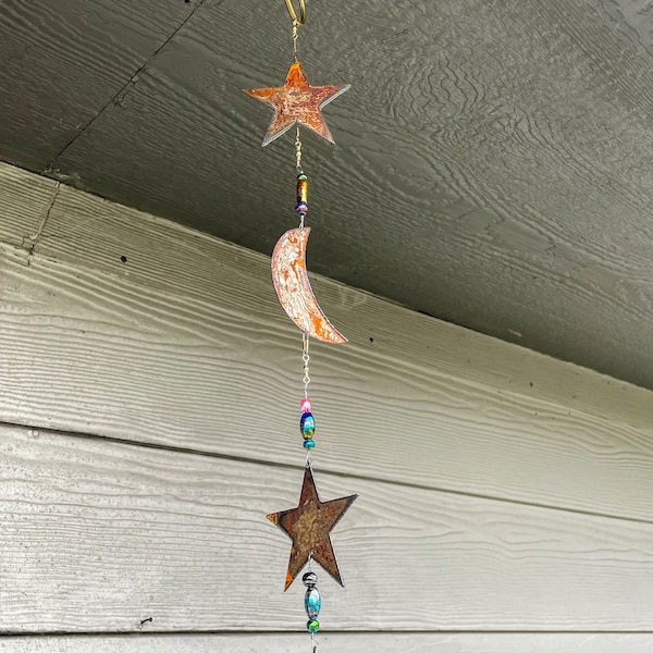 Rusty Moon and Stars Windchime;  metal art for your patio, garden, outdoors, home accent