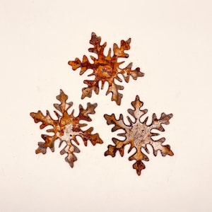 Rusty Metal Snowflakes, 3&quot;,  set of 3;  winter christmas rustic home accents, ornaments, stencils, magnets, crafts, signs