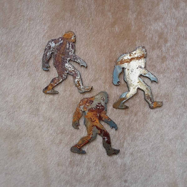 Rusty Metal Sasquatch Bigfoot; set of 3, crafts, stencils, magnets, ornaments, signs