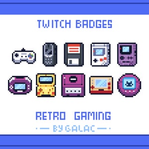 May include: A set of nine pixel art Twitch badges featuring retro gaming consoles and controllers. The badges are in various colours, including purple, yellow, red, and blue. The text "TWITCH BADGES" and "RETRO GAMING - BY GALAC -" is displayed on the image.