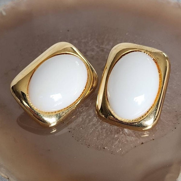 Les Bernard Signed Gold and White Rectangle Earrings, Clip On, Designer Costume Jewelry