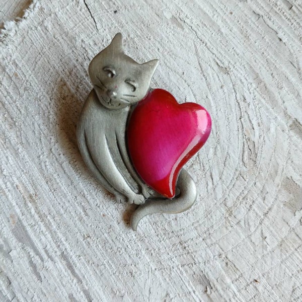 Cat Pin with Red Heart, Pewter, Brooch, Jewelry, "JJ" Jonette Jewelry, 1980s