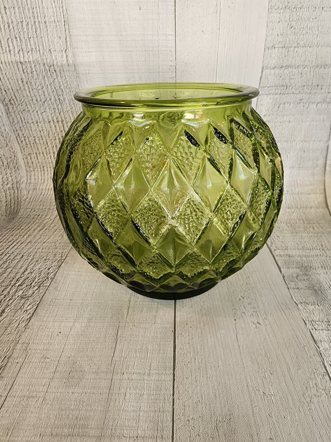 Vintage Avocado Green Glass Vase Planter Bowl, Diamond Harlequin Design