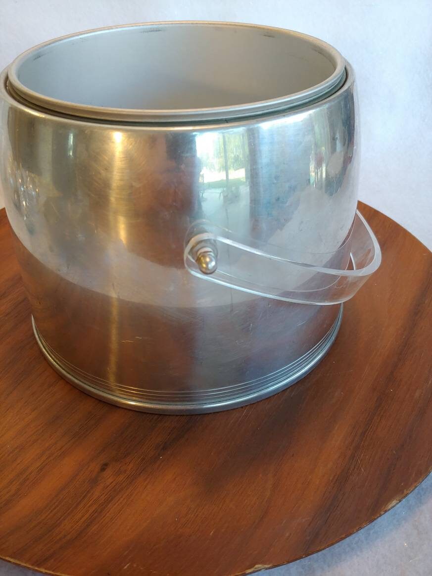 Vintage MCM Aluminum Kromex Ice Bucket With Lid, Bar, Lucite, Atomic