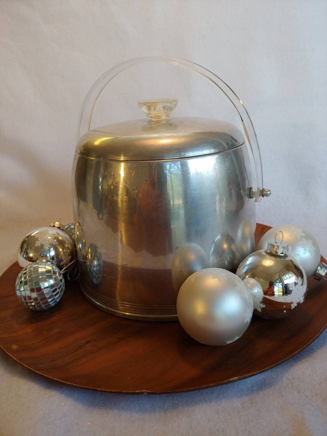 Vintage MCM Aluminum Kromex Ice Bucket With Lid, Bar, Lucite, Atomic