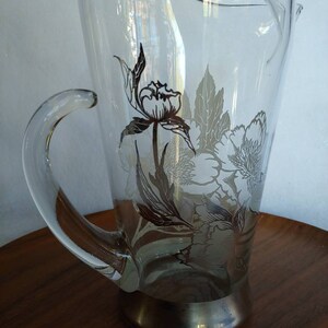 Vintage 1950s  Handblown Glass Pitcher, Retro, Barware, Sterling Silver Embossed