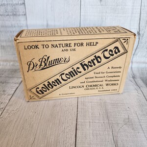 May include: A brown cardboard box with the text "Look to Nature for Help and Use Dr. Blumers Golden Tonic Herb Tea" on the front. The box also includes the text "A Remedy Used for Generations against Stomach Complaints and Constitutional Weaknesses Lincoln Chemical Works A Corporation Chicago, U.S.A. Established 1886."
