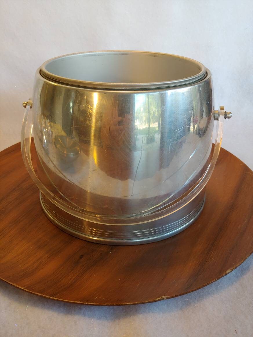 Vintage MCM Aluminum Kromex Ice Bucket With Lid, Bar, Lucite, Atomic