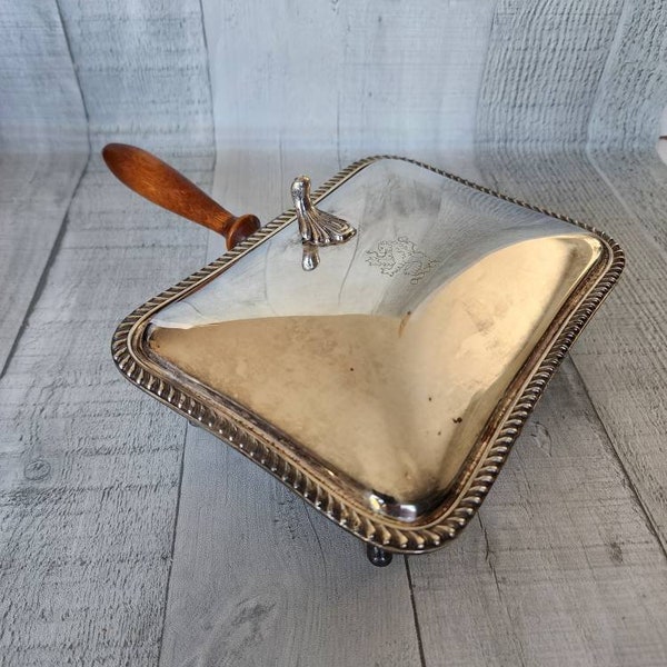 Vintage Poole Silver Plate Silent Butler Crumb Catcher with Lid, Engraved, Footed Dish with Lid