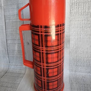 Vintage Aladdin Thermos Bottle Flask, Red Plaid, Glass Insulated, Pint Size, Retro, 1970s