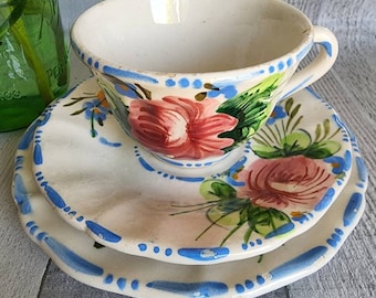 Vintage Colorful Majolica Pottery, Tea Cup Set, Made in Italy, Hand Painted, 1950s, Floral, Hand painted