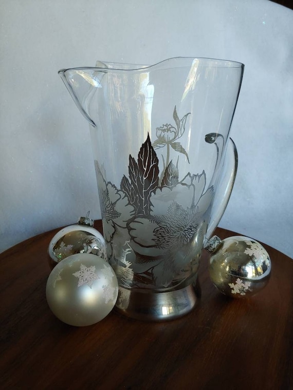 Vintage MCM Silver Embossed Handblown Glass Pitcher, Cocktails