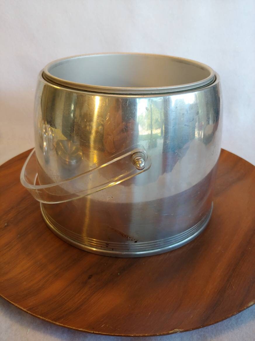 Vintage MCM Aluminum Kromex Ice Bucket With Lid, Bar, Lucite, Atomic