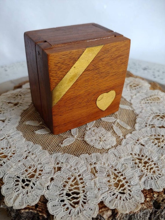 Vintage Heart Wood Small Box, Ring Box, Brass Inl… - image 1