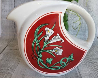 Napco Vintage Pitcher, Red and White Calla Lily, Ceramic, Retro, 1950s, 1960s