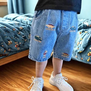 Kleinkind-Jungen-Dinosaurier bestickte Denim-Shorts - Sommer-elastische Taillen-Jeans für Kinder | Baby Jungen Cartoon Jeans Shorts