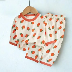 Conjunto de pijama de algodón de verano para niños, suave, transpirable, de manga larga y pantalón, ropa de dormir con dibujos de osos y aire acondicionado, ropa de habitación para niños y niñas de algodón