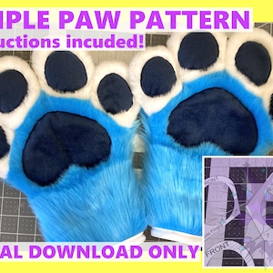 Puede incluir: Un par de marionetas de mano de peluche azul y blanco en forma de pata con un patrón de descarga digital. La imagen incluye el texto "SIMPLE PAW PATTERN" y "DIGITAL DOWNLOAD ONLY".