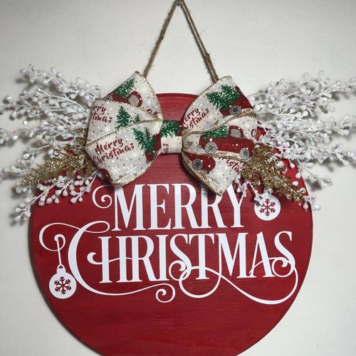 Merry Christmas Door Hanger Front Door Sign Christmas Door Etsy
