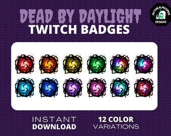 May include: Twelve different color variations of a Twitch badge featuring a black and white stylized image of a swirling vortex. The text "DEAD BY DAYLIGHT TWITCH BADGES" is at the top of the image. The text "INSTANT DOWNLOAD" is at the bottom left of the image. The text "12 COLOR VARIATIONS" is at the bottom right of the image.