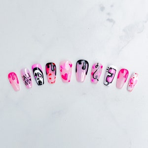 SIDNEY | *UPDATED* Scream Inspired Halloween Pink Y2K Ghost Face Press On Reusable Nails