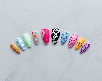 DELIA | Mix and Match Funky Fun Multicolored Pattern Press On Nails Reusable
