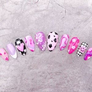 TULLY | Pink and Purple Mix and Match Funky Fun Multicolored Pattern Press On Nails Reusable