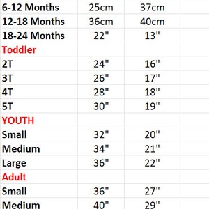 Op de afbeelding: Maattabel voor baby-, peuter-, jeugd- en volwassen kleding. De tabel toont borst- en lengtematen in inches en centimeters.