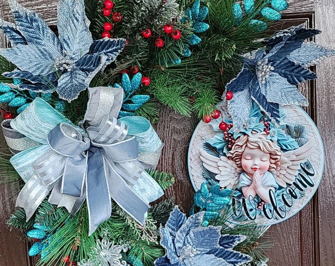 Featured listing image: Angel Winter Welcome Wreath for Front Door, Rustic Farmhouse Winter Wreath, Angel Wall Decor, Angel Memorial Wreath, Christmas Door Hanger