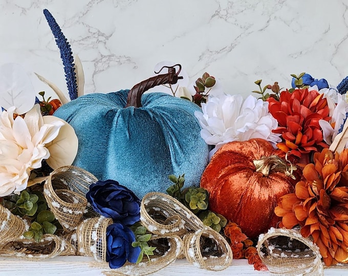 Featured listing image: Fall Centerpiece for Dining room, Fall Pumpkin Centerpiece, Fall Arrangement, Fall Farmhouse Livingroom, Fall Mantle Display, Pumpkin Decor