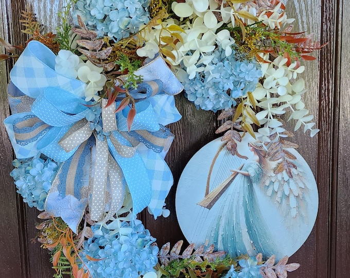 Featured listing image: Hydrangea Angel Front Door Wreath, Coastal Cottage Angel Wreath, In Loving Memory Wreath, Rustic Farmhouse Angel Wreath, Peaceful Entryway