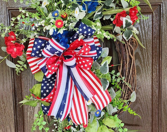 Featured listing image: Patriotic Wreath for Front Door, 4th of July Porch Decor, Farmhouse Patriotic Door Hanger, Summer Grapevine Wreath, Veterans Gift