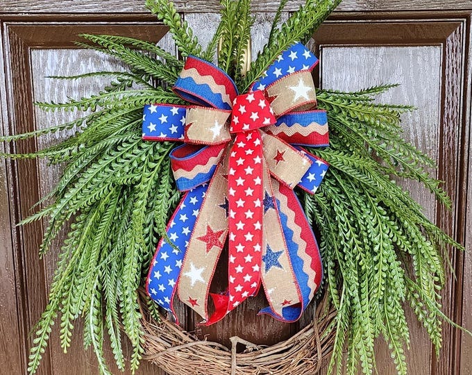 Featured listing image: Patriotic Wreath for Front Door, Fourth of July Wreath, Small Front Door Hanger, Veterans Day Decor, Memorial Day, Patriotic Greenery Wreath