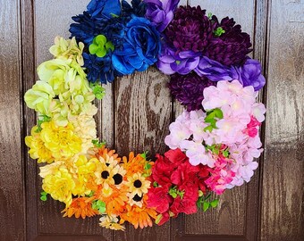 Rainbow Wreath for Front Door, Rainbow Floral Door Hanger, Indoor Wall Art, Pride Floral Rainbow Wreath, Floral Mothers Day Gift