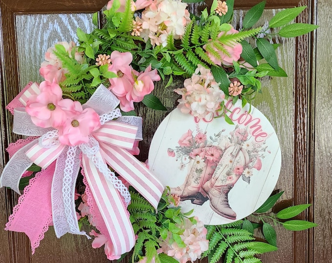 Featured listing image: Farmhouse Cowgirl Boots Welcome Wreath for Front Door, Farmhouse Door Hanger, Country Cowgirl Wreath, Country Welcome Door Hanger,