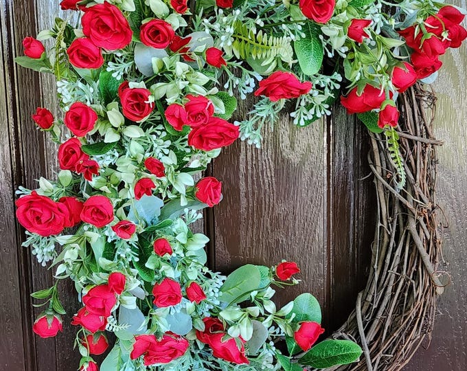 Featured listing image: Red Roses Grapevine Wreath for Front Door, Wedding and Anniversary Decor, Farmhouse Rose Wreath Door Hanger, Minimal Everyday Door Hanger