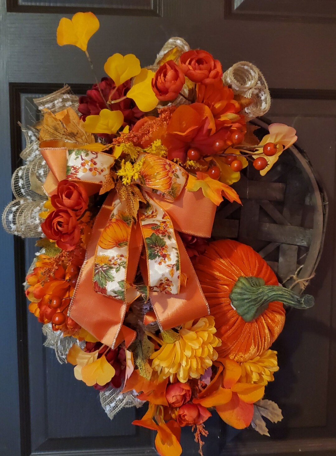 Fall/autumn Tobacco Basket Front Door Wreath, Fall Pumpkin Tobacco