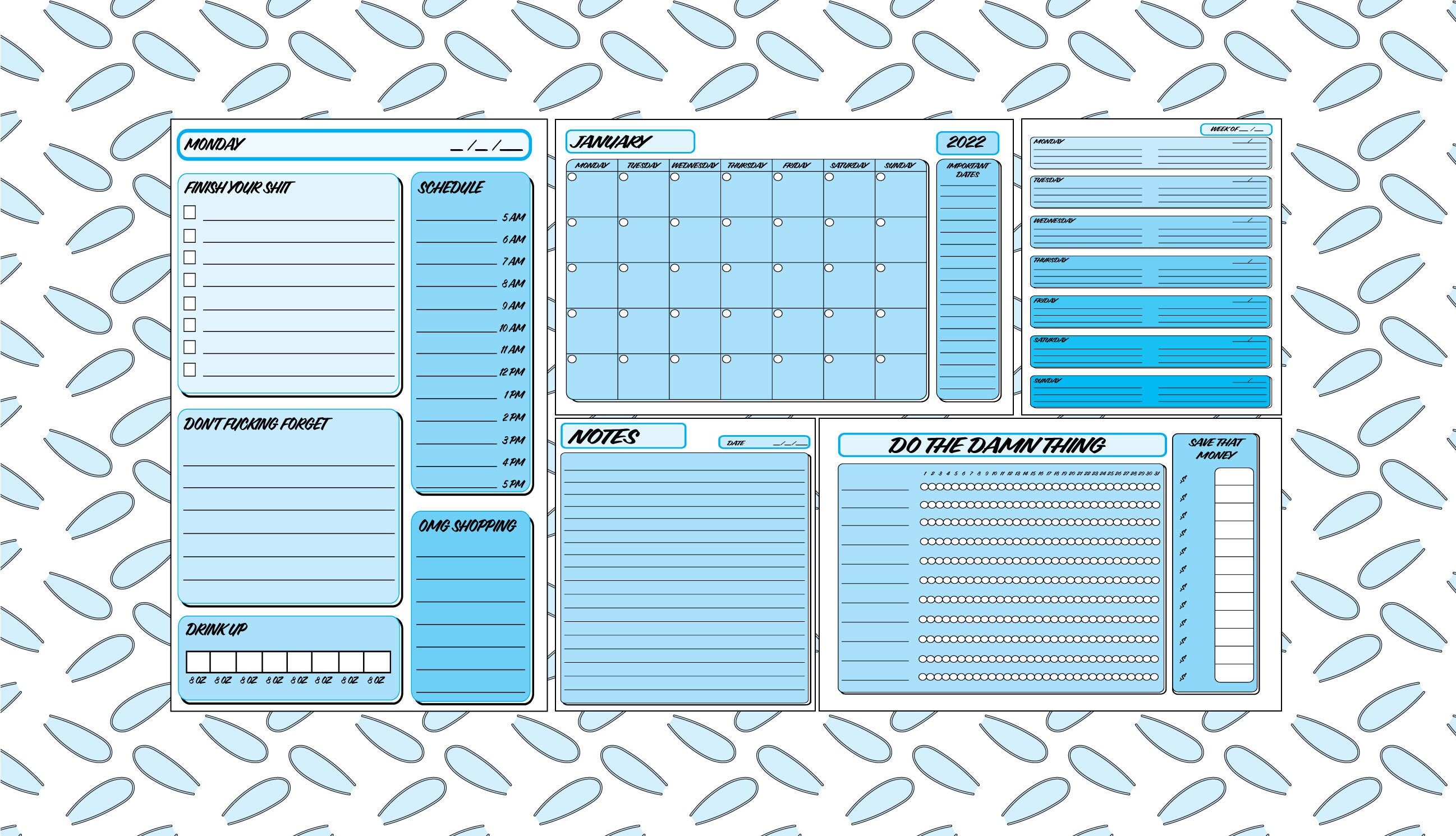 Blue Gradient Planner Set, Monthly, Weekly, Daily, and Habit Tracker