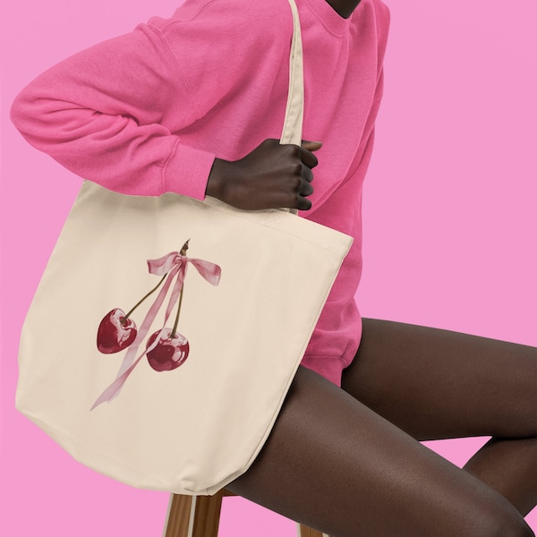 Sac fourre-tout rose avec noeud et cerises, cadeau coquette pour elle, style balletcore graphique mignon