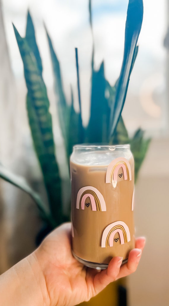 Boho Rainbow Glass Drinking Cup, Iced Coffee Aesthetic Glass, Custom Glass  Beer Can, Cocktail Glasses, Custom Minimalist Drinkware