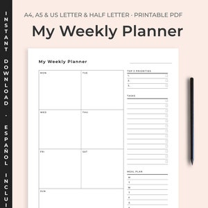 Planificador Semanal espanol, planner semanal, meal planner, rastreador de hábitos PDF, A4, A5 y tamaño Carta, Planificador imprimible