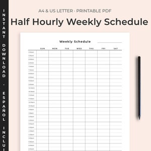 Horario Semanal imprimible PDF A4 y Carta, Horario semanal por media hora, planificador semanal descargable, plantilla horario semanal