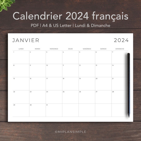 Calendrier 2024 à imprimer, calendrier mensuel 2024 à imprimer en francais, planner 2024 français à imprimer, calendar french printable 2024