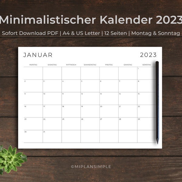 Kalender 2023 Deutsch, 2023 Monthly Calendar German, Printable Minimalist Calendar Deutsch, Year Calendar 2023, Monday/Sunday, A4 PDF