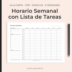 Horario Semanal español A4 & Carta, Agenda semanal, Horario Semanal PDF Imprimible minimalista con lista de tareas