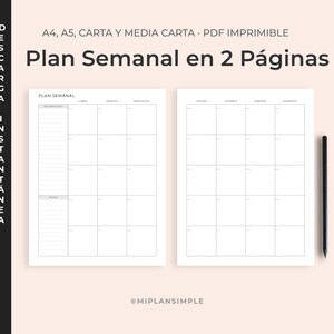 Puede incluir: Un planificador semanal imprimible de dos páginas con un diseño de cuadrícula. El planificador incluye secciones para cada día de la semana, con espacio para notas y recordatorios. El texto "Plan Semanal en 2 Páginas" se muestra en la parte superior.