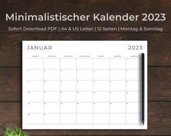 Kalender 2023 Deutsch, 2023 Monthly Calendar German, Printable Minimalist Calendar Deutsch, Year Calendar 2023, Monday/Sunday, A4 PDF