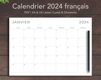 Calendrier 2024 à imprimer, calendrier mensuel 2024 à imprimer en francais, planificateur 2024 français à imprimer, calendrier français imprimable 2024
