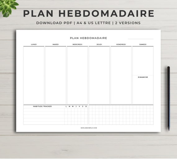 Planning Hebdomadaire à Imprimer, Planning Semaine, Semainier, Planning De  La Semaine Pdf Letter US & A4, Weekly Planner Français 