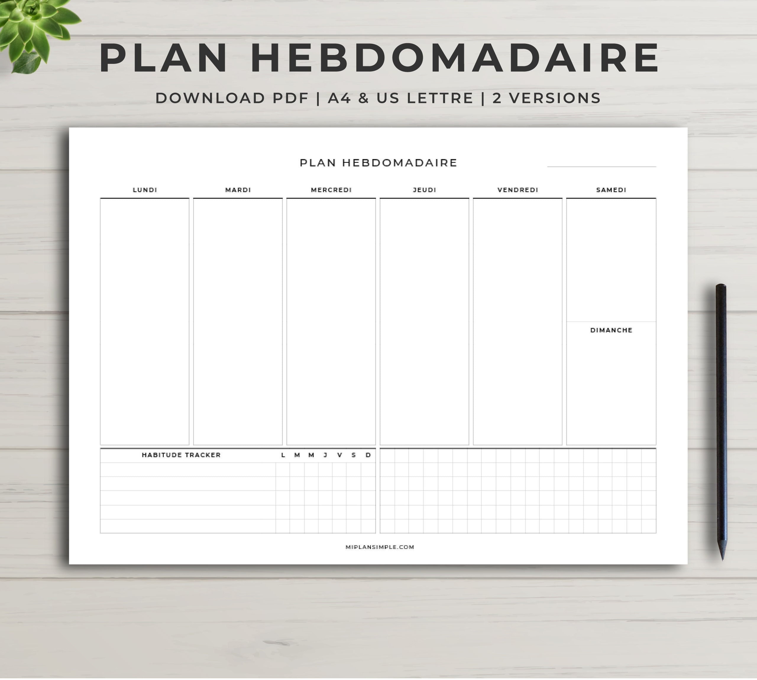 Planning Semaine - Planificateur Hebdomadaire A4, Agenda Planner